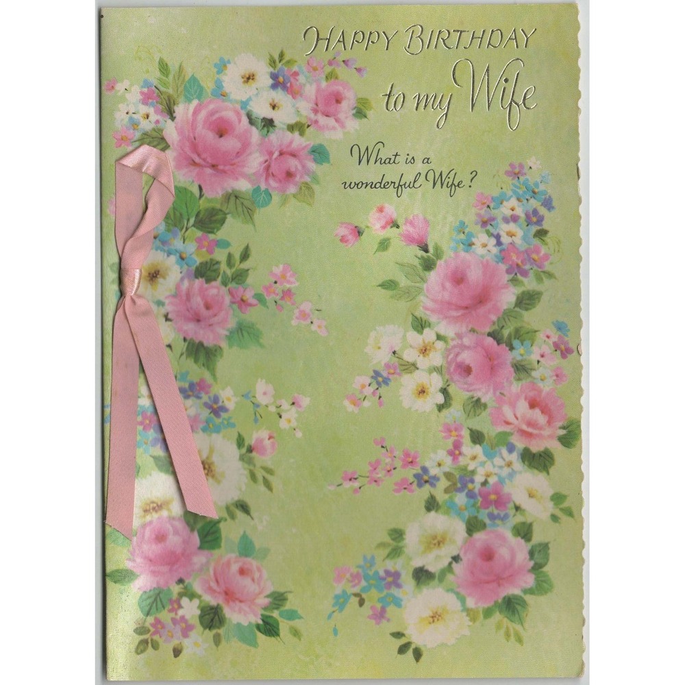 Vintage 1950s-60s Norcross Birthday Card Wife Pink Roses Ribbon Signed